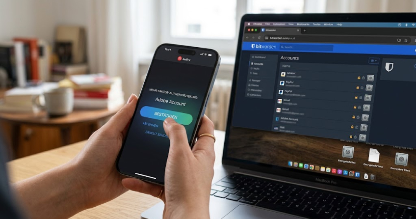 Eine Person gibt auf einem modernen Smartphone eine Mehr-Faktor-Authentifizierung (MFA) ein, während im Hintergrund ein Laptop mit einem sicheren Passwortmanager zu sehen ist.