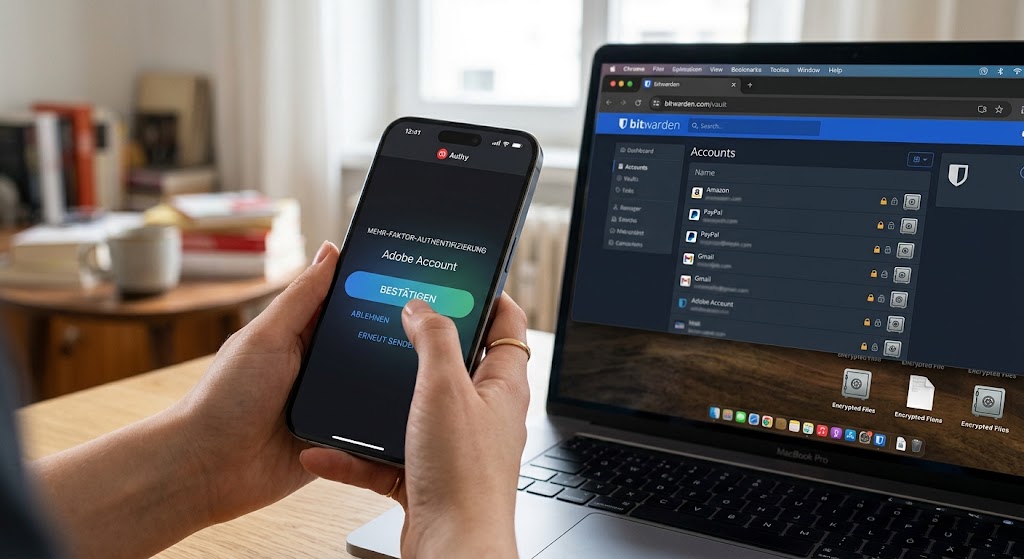 Eine Person gibt auf einem modernen Smartphone eine Mehr-Faktor-Authentifizierung (MFA) ein, während im Hintergrund ein Laptop mit einem sicheren Passwortmanager zu sehen ist.