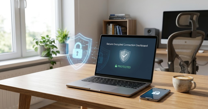Sicherheit im Home-Office: Moderner Holztisch mit Laptop und einem leuchtenden digitalen Schutzschild als Symbol für professionellen Datenschutz und Netzwerksicherheit von zu Hause aus.