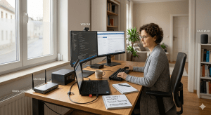 Frau am Schreibtisch mit mehreren Monitoren im Home-Office