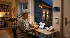 Es visualisiert eine Seniorin, Edith (73), die unabh&auml;ngig lebt und sich sicher f&uuml;hlt. Sie tr&auml;gt das Notrufarmband und nutzt moderne, aber einfach bedienbare Technik &ndash; wie das Tablet und den Hausnotruf-Basisknopf auf dem Tisch sowie den digitalen T&uuml;rspion an der Wand.