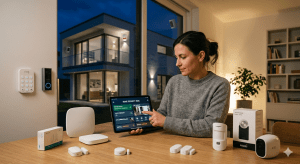 Frau mit Tablett und Teilen einer DYS Alarmanlage