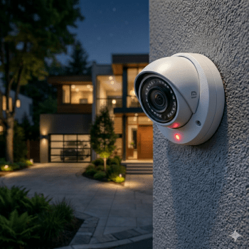 Überwachungskamera an Hauswand angebracht