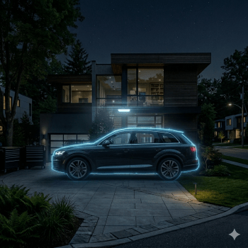 zeigt PKW in der Einfahrt mit einer Art Schutzschild