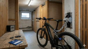 in einem Kellerraum angeschlossenes E-Bike an einem Wandanker mit Kette