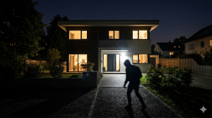 Ein modernes Einfamilienhaus bei Nacht in einer ruhigen Wohngegend. Warmes Licht scheint aus den Fenstern. Im Vordergrund eine dunkle, unscharfe Silhouette eines Einbrechers, der sich vorsichtig n&auml;hert. Ein Bewegungsmelder schaltet gerade ein helles Au&szlig;enlicht ein. Die Szene wirkt realistisch, leicht spannend, aber nicht bedrohlich. Hochwertige Fotografie, realistisch, 16:9 Format.