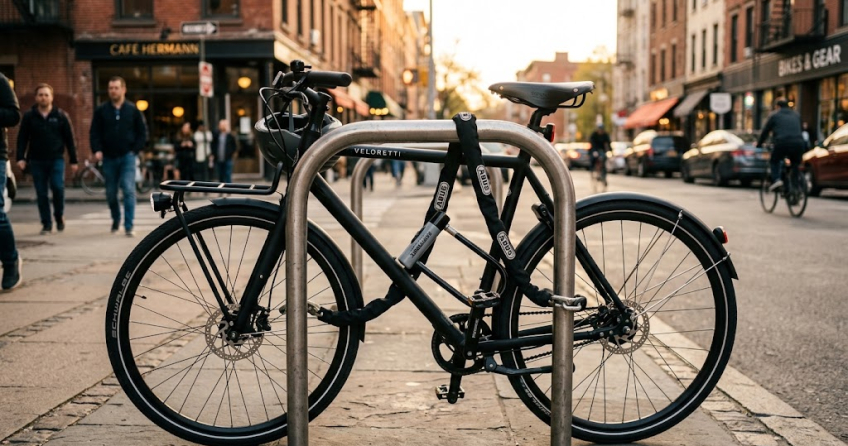 Fotorealistisches Beitragsbild zum Thema Fahrradschlösser mit einem hochwertigen Bügelschloss und Kettenschloss, die ein Fahrrad an einem Ständer sichern.