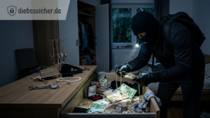 Einbrecher welcher eine Schublade eines Tisches nach Schmuck und Bargeld durchsucht