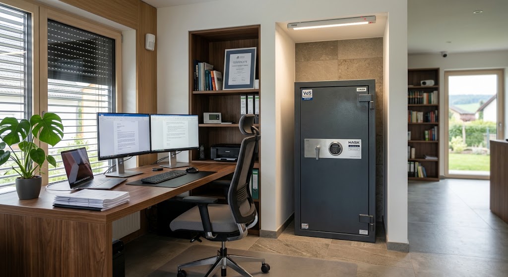 Ein zertifizierter Wertschutzschrank in einem gut gesicherten, aufgeräumten Arbeitszimmer eines modernen Hauses, professionelle Sicherheitsbeleuchtung.