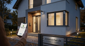 Modernes Wohnhaus im D&auml;mmerlicht mit gesicherten Fenstern, Kamera und Smartphone-App f&uuml;r den Einbruchschutz 2026 von diebessicher.de