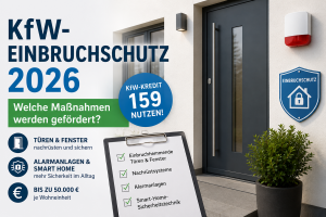 KfW-Einbruchschutz 2026 mit gef&ouml;rderten Ma&szlig;nahmen wie einbruchhemmenden T&uuml;ren und Fenstern, Nachr&uuml;stsystemen, Alarmanlagen und Smart-Home-Sicherheitstechnik.
