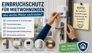 Einbruchschutz f&uuml;r Mietwohnungen: T&uuml;rsicherungen, Fenstersicherungen, Alarmanlagen, Bewegungsmelder und Beleuchtung. Bei baulichen Ver&auml;nderungen ist die Zustimmung des Vermieters erforderlich.