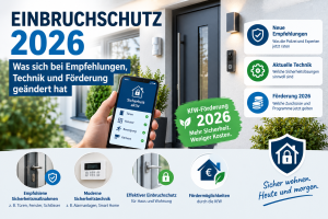 Einbruchschutz 2026 mit modernen Sicherheitsmaßnahmen für Haus und Wohnung, darunter sichere Türen und Fenster, Alarmanlagen, Smart-Home-Technik und KfW-Förderung.
