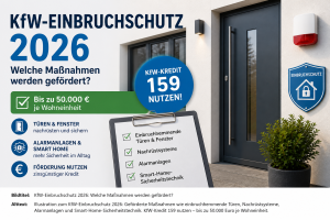 KfW-Einbruchschutz 2026 mit geförderten Maßnahmen wie einbruchhemmenden Türen und Fenstern, Nachrüstsystemen, Alarmanlagen und Smart-Home-Sicherheitstechnik.