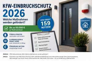 KfW-Einbruchschutz 2026 mit geförderten Maßnahmen wie einbruchhemmenden Türen und Fenstern, Nachrüstsystemen, Alarmanlagen und Smart-Home-Sicherheitstechnik.