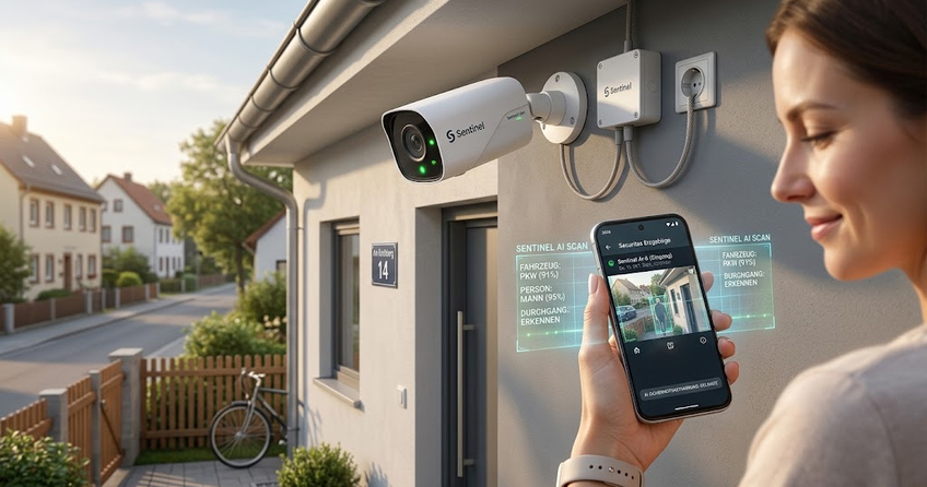 Eine moderne KI-Überwachungskamera an der Hauswand eines Einfamilienhauses, während eine Person auf einem Smartphone-Display eine KI-Objekterkennung mit Live-Benachrichtigung betrachtet.