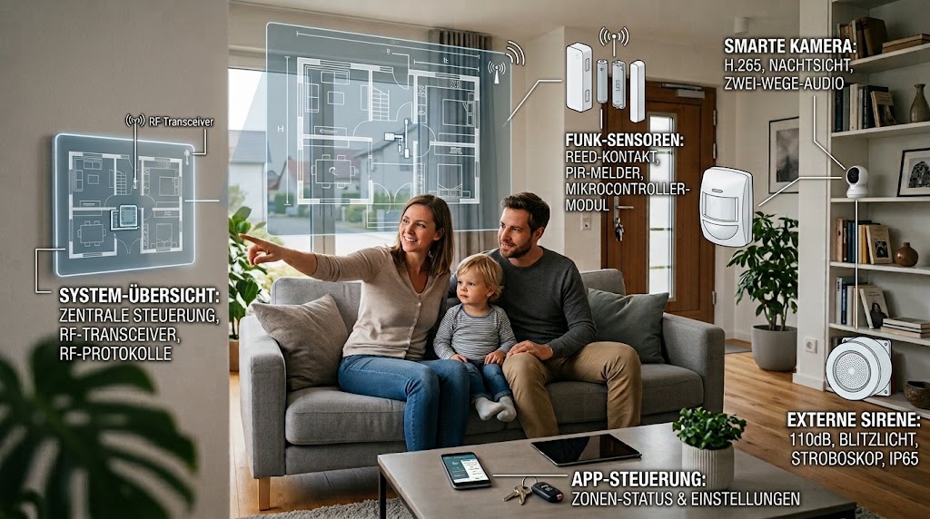 Im Wohnzimmer sitzende Familie umgeben von technischen Sicherheitskomponenten.